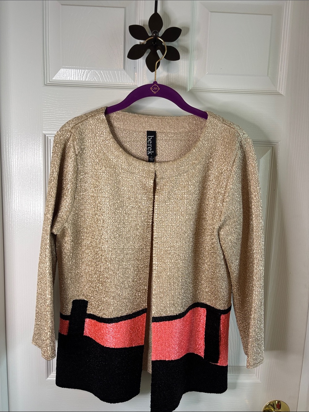 berek Gold Metallic 3/4 Sleeve Open Cardigan w/ Black/Coral Accents size S/M